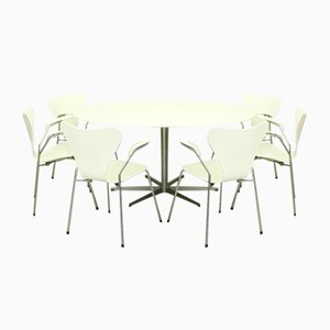 3207 Armchairs and Dining Table A826 by Arne Jacobsen for Fritz Hansen, 1972, Set of 7