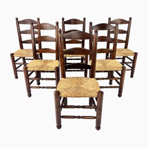 Chaises de Salle à Manger Rush et Chêne, France, 1920s, Set de 6