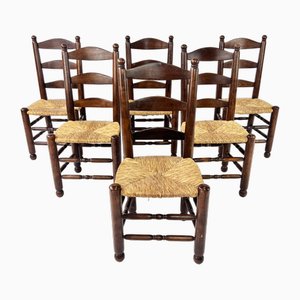 French Rush and Oak Dining Chairs, 1920s, Set of 6