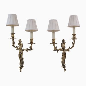Large French Rococo Gilt Bronze Wall Lights Sconces in Acanthus Leaf, 1950s, Set of 2