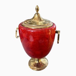 Mid-Century Modern Coral Red Goatskin and Brass Ice Bucket by Aldo Tura, 1950s