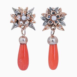 Diamonds, Stones, Coral, Pearls, Rose Gold and Silver Earrings, 1980s, Set of 2