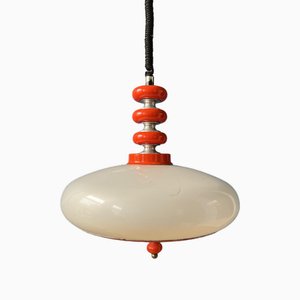 Space Age Pendant Lamp in Red with White Acrylic Glass Shade, 1970s