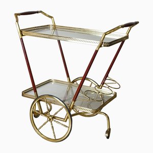 Chariot à Bouteilles en Laiton et Bois avec Étagères en Verre, 1950s