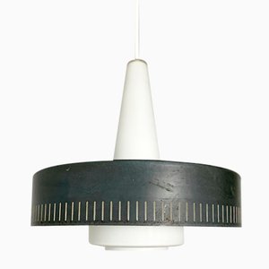 Modern Pendant Lamp in Opaline Glass & Grey Metal by Bent Karlby for Lyfa Denmark, 1950s