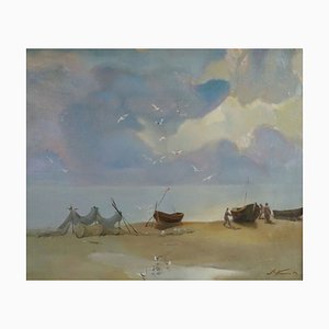 Stanislav Kreics, Fishing Boats, 1974, Oil on Canvas