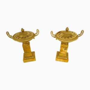 19th Century Empire Bronze and Marble of Siena Cassolettes, Set of 2