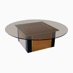 Table en Laiton et Rotin avec Plateau Rond en Verre Fumé, 1970s