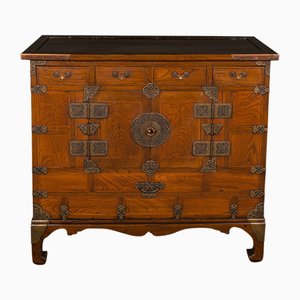 Korean Victorian Raised Chest in Elm and Pear Wood with Brass Fittings, 1880s