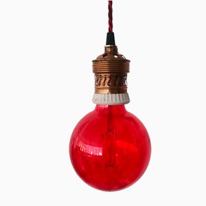 Italienische E40 Lampenfassung aus Messing & Porzellan mit rotem Seidenkabel, 1900er
