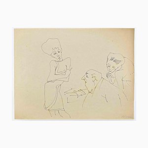 Mino Maccari, Flirtende Frauen, Tuschezeichnung, 1960er
