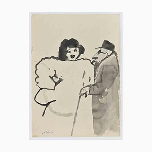 Mino Maccari, The Couple, Watercolor Drawing, 1960s