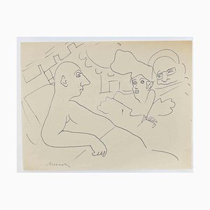 Mino Maccari, Lovers in the Bed, Dibujo a tinta, años 60