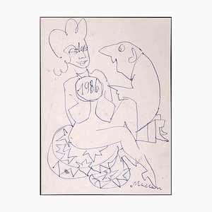 Mino Maccari, Greeting, Ink Drawing, 1960s