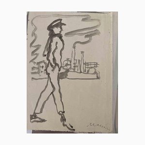 Mino Maccari, Figura con paesaggio industriale, Disegno ad acquerello, anni '60