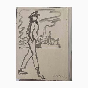 Mino Maccari, Figure with Industrial Landscape, Watercolor Drawing, 1960s
