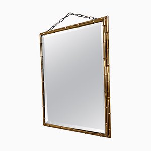 Specchio da parete con cornice in metallo dorato effetto bambù, anni '70