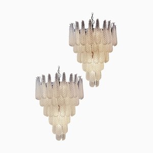 Lámparas de araña italianas con pétalos de cristal de Murano, años 70. Juego de 2