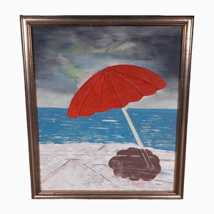 Beach Scene, 1950s, Oil on Canvas, Framed