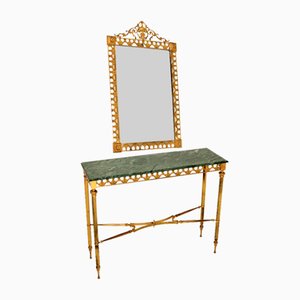 Vintage French Brass & Marble Console Table with Mirror, 1950s, Set of 2