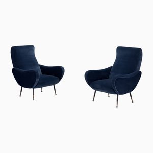 Fauteuils Mid-Century en Velours Bleu, 1960s, Set de 2