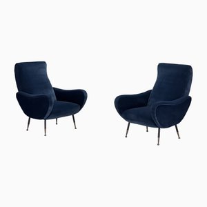 Mid-Century Blue Velvet Armchairs, 1960s, Set of 2