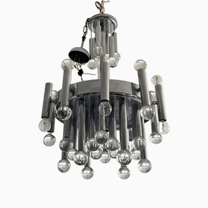 5-Light Steel and Glass Chandelier attributed to Gaetano Sciolari, Italy, 1970s