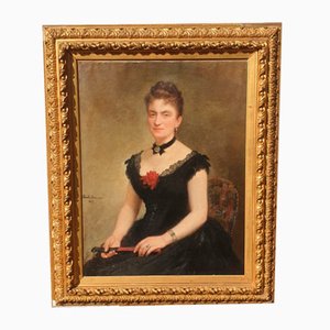 Camille Deschamps, Porträt einer Frau im schwarzen Kleid, 19. Jh., Öl auf Leinwand, Gerahmt