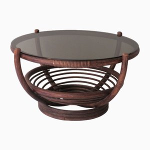 Italian Round Coffee Table in Bamboo and Rattan, 1970s