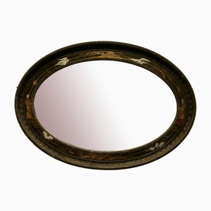 Black Lacquer Carved Chinoiserie Oval Wall Mirror
