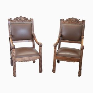 Late 19th Century Carved Walnut Throne Chairs, Set of 2