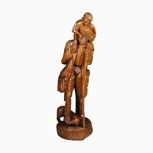 20th Century Ranger with Child Sculpture in Limewood, South Germany