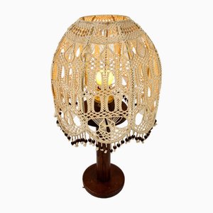 Table Lamp with Oak Base and Macramé Lampshade, 1960s