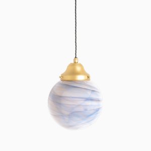 Lampada a sospensione sferica in vetro marmorizzato di Murano con montature in ottone satinato
