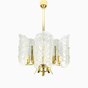 Swedish Glass Leaf and Golden Steel Chandelier by Carl Fagerlund for Orrefors, 1960s