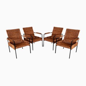 Mid-Century Italian Lounge Chairs in Rattan Wicker and Iron, 1960s, Set of 4