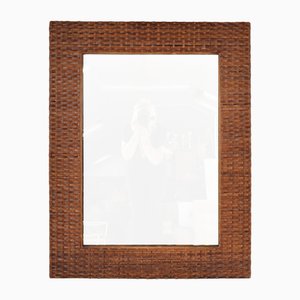 Specchio grande Tiki in vimini e bambù con cornice in vimini, anni '70