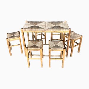 French High Table in Pine Wood by Charlotte Perriand, 1970s, Set of 7