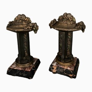 Art Deco Cassolettes in Bronze on Marble Support Base, 1930s, Set of 2