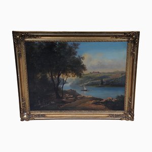 Artista romántico, paisaje de río, siglo XIX, pintura al óleo, enmarcado