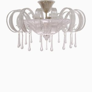 Murano Glass Ceiling Light in Pure Crystal Color with Handmade Leaves and Drops, Italy, 1990s