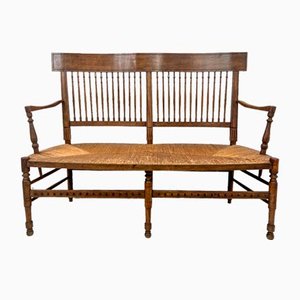 French Elm Rush Seat Bench, 1880s