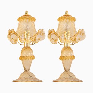 Murano Glass Table Lamps in Amber Color with Golden Elements, Italy, 1990s, Set of 2
