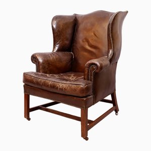 Wingback Armchair in Dark Brown Patinated Leather