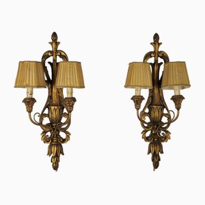 Wall Lamps in Carved Wood and Beige Silk, Italy, 1950s, Set of 2