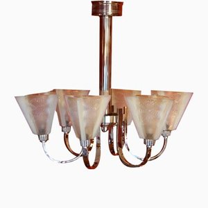 Art Deco Ceiling Light with 6 Arms and Opaline Glass Tulip Shades from Petitot, 1930s