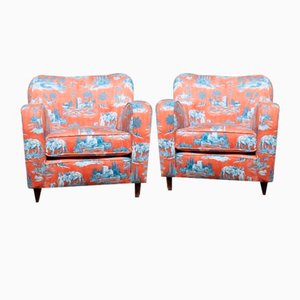 Set of Italian Armchairs in Printed Orange Velvet Fabric attributed to Paolo Buffa, 1950s