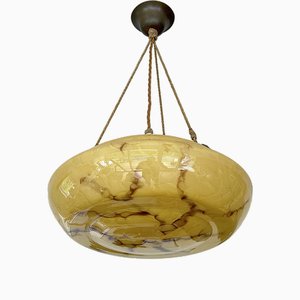 Art Deco Pendant Light in Marble Glass and Brass, 1930s