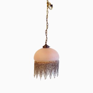 Suspension Vintage en Verre Rose avec Bandes de Perles, 1970s