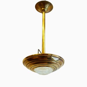 Small Art Deco Suspension in Golden Metal and Glass, 1940s
